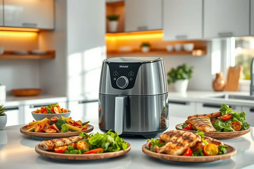 Cozinha organizada com a fritadeira Mondial 5L bem posicionada.