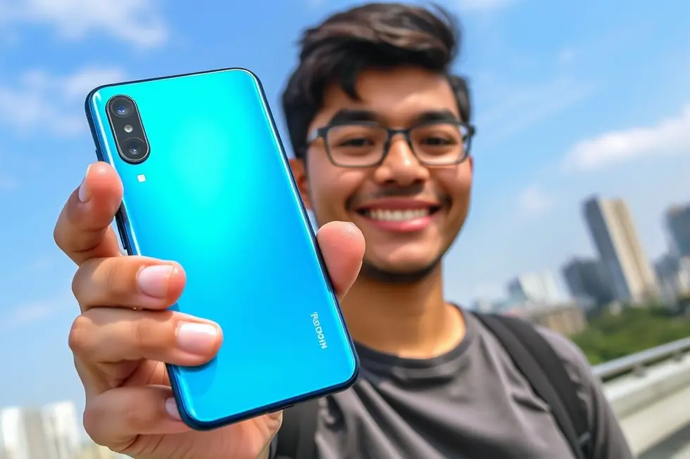 Usuário segurando o smartphone Xiaomi Redmi Note 14, feliz com a escolha.