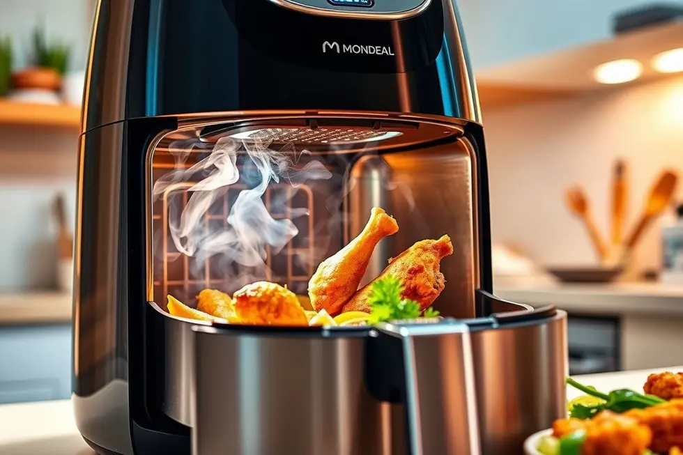Fritadeira Air Fryer Mondial AFO-12L em uso, preparando uma refeição saudável.