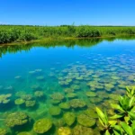 Cenário natural com água limpa e vegetação abundante.