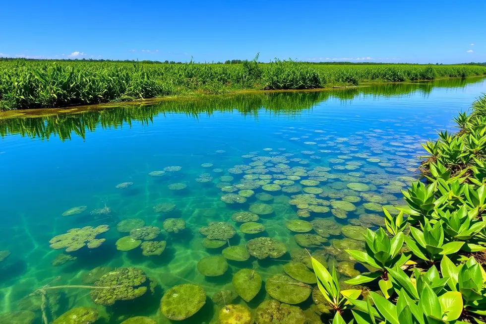 Cenário natural com água limpa e vegetação abundante.