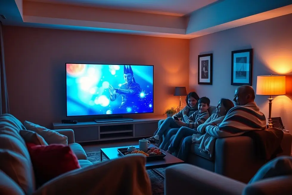 Família assistindo filmes na Smart TV PHILIPS 50''.