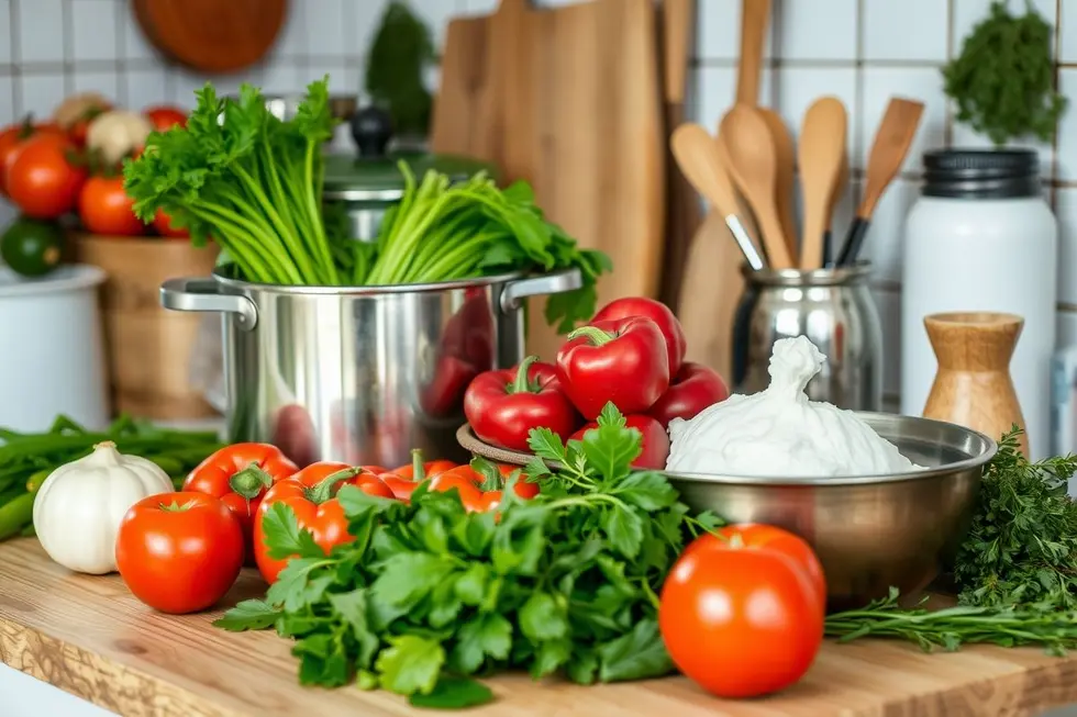 Cozinha harmoniosa e fresca com verduras e ervas, simbolizando uma vida saudável.