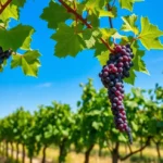 Vinhedo com uvas maduras sob o céu azul