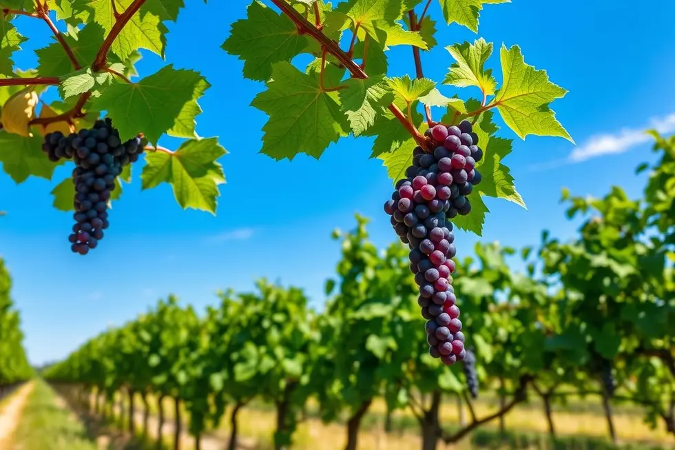 Vinhedo com uvas maduras sob o céu azul